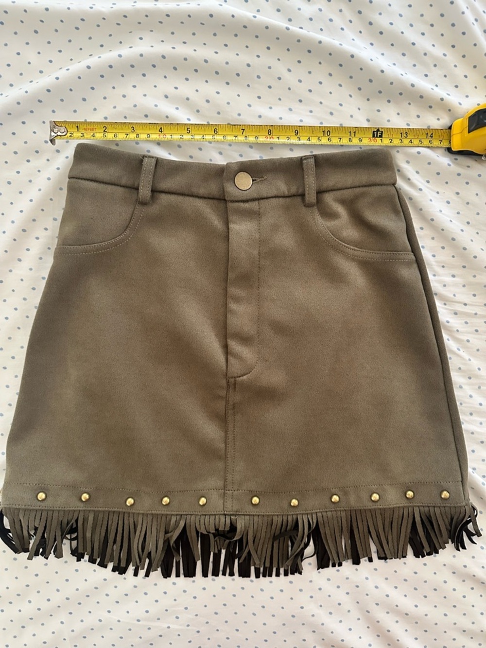 SHEIN Olive Green Faux Suede A-Line Mini Skirt | Fringe Hem | Size XS - Picture 7 of 7